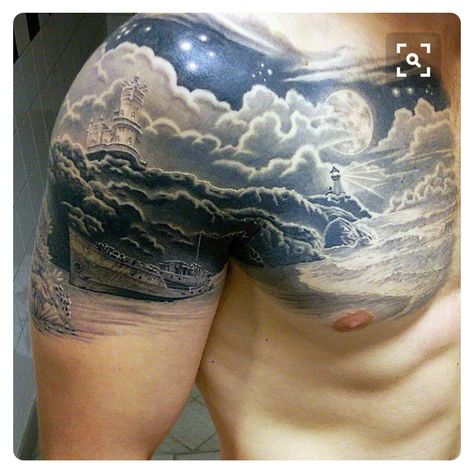 Tattoos On Chest, Cloud Tattoo Sleeve, Cloud Tattoo Design, Beach Tattoos, Storm Tattoo, Tree Tattoo Men, Alchemy Tattoo, Sky Tattoos, Night Tattoo