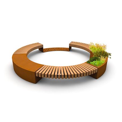 STREETLIFE R&R Between Seats, self-supporting detached seat segments that are secured laterally. The FSChardwood beams may be combined with CorTen planters Corten Planter, Park Seating, Urban Furniture Design, Deck Seating, Bathroom Design Black, Parks Furniture, Public Space Design, Coffee Shop Logo, Architecture Model House