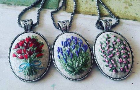 Inspirations magazine Necklace Embroidery, Cloth Diy, Miniature Embroidery, Embroidered Necklace, Pola Sulam, Mini Cross Stitch, Mini Cross, Brazilian Embroidery, 자수 디자인