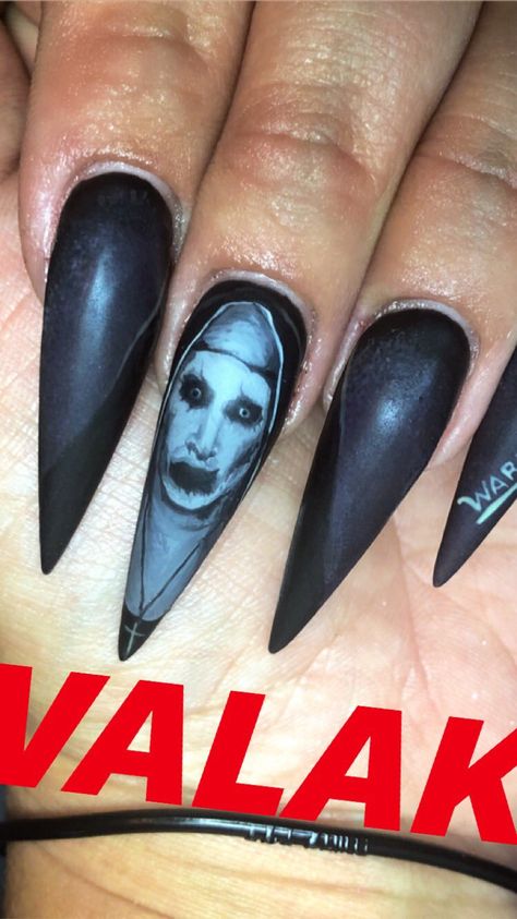 Pinterest @spiciwasabi 🦋🦋🦋 The Nun Movie Inspired Nails The Nun Halloween Nails, The Conjuring Nails, Conjuring Nails, The Nun Nailart, Movie Inspired Nails, The Nun Movie, Nun Movie, Nun Halloween, Pretty Manicures