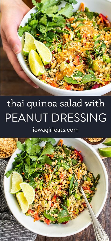 Thai Quinoa Salad with Peanut Dressing is packed with plant based protein! You will love every drop of this healthy, filling, flavorful dish! iowagirleats.com salad recipes, salad recipes for dinner, salad ideas, healthy recipes, healthy meals, healthy lunch ideas, lunch ideas, lunch recipes, quinoa recipes Dinner Salad Ideas, Salad Ideas Healthy, Thai Quinoa Salad, Lighter Meals, Thai Quinoa, Salad With Peanut Dressing, Quinoa Recipes Healthy, Side Salads, Peanut Dressing