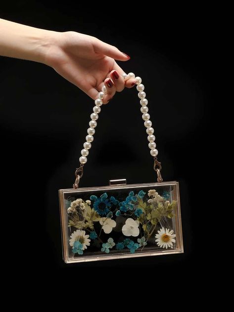 Mini Floral Detail Faux Pearl Decor Chain Box Bag | SHEIN Resin Clutch, Bride Purse, Resin Bag, Embroidery Clutch, Purse For Wedding, Bridal Purse, Resin Frame, Diy Wall Art Decor, Handmade Clutch