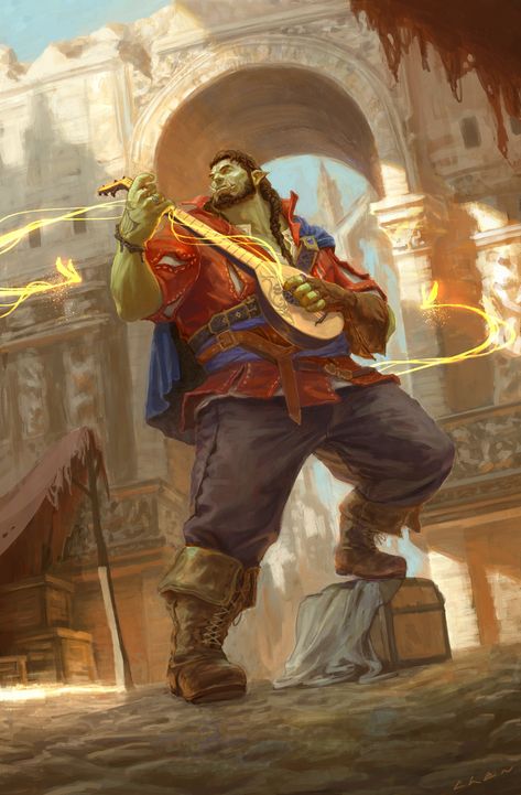 Pathfinder Bard, Bard Dnd Art, Orc Bard, Bard Dnd, Dnd Orc, Dnd Bard, Heroic Fantasy, Dungeons And Dragons Characters, Dnd Art