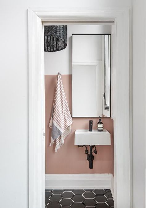 Pink Powder Room with Black Hexagon Floor Tiles - Contemporary - Bathroom Black Hexagon Floor, Black Powder Room, Powder Room Paint, Half Painted Walls, Small Downstairs Toilet, Cloakroom Toilet, Pink Toilet, Hexagon Floor, Pink Bathroom Decor