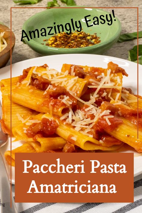 Paccheri Pasta Recipes, Amatriciana Sauce, Pasta Amatriciana, Traditional Italian Recipes, Type Of Pasta, Sausage Sauce, Types Of Pasta, Pasta Ravioli, Pistachio Recipes