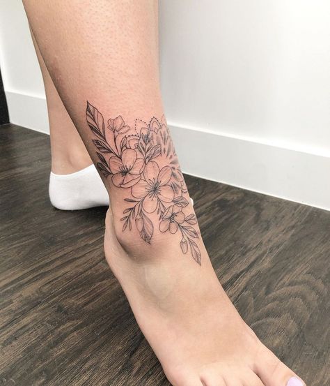 Floral Ankle Tattoos For Women, Floral Ankle Tattoo Wraps, Ankle Sleeve Tattoo, Tattoo Around Ankle, Floral Ankle Tattoo, Ankle Flower Tattoo, Flower Ankle Tattoo, Floral Foot Tattoo, Wrap Around Ankle Tattoos