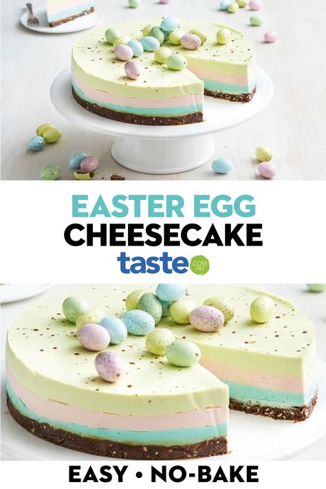 This no-bake rainbow cheesecake makes the perfect Easter centrepiece. Take off the chocolate speckled eggs and it's perfect year-round! #easter #easterbaking #easterrecipes #cheesecake #dessert #cake Easter Desserts For Kids, Easter Nests Recipe, Easter Egg Cheesecake, Easter Centrepiece, Easter Dinner Sides, Rainbow Cheesecake, Desserts For Kids, Dessert Recipes For Kids, Cheesecake Dessert