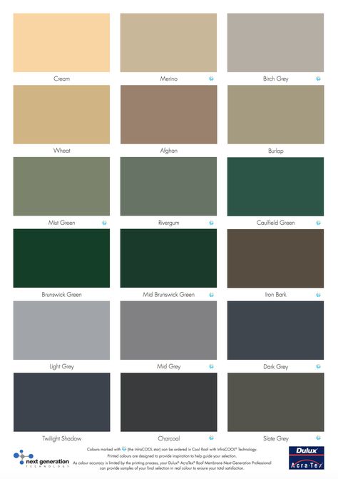 Dulux Colour Chart | Nev's Roof Restoration Brisbane Dulux Colours, Plascon Colours, Dulux Colour Chart, Dulux Paint Colours, Colorbond Roof, Roof Restoration, Roof Paint, Terracotta Roof, Dulux Paint