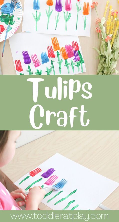 Fork Stamped Tulips Craft, Gardening Week Toddlers, Springtime Art For Preschoolers, Tulips Craft Preschool, Spring Provocations For Toddlers, Spring Has Sprung Crafts For Preschool, Plant Preschool Crafts, Simple Spring Crafts For Toddlers, Planting Crafts Preschool