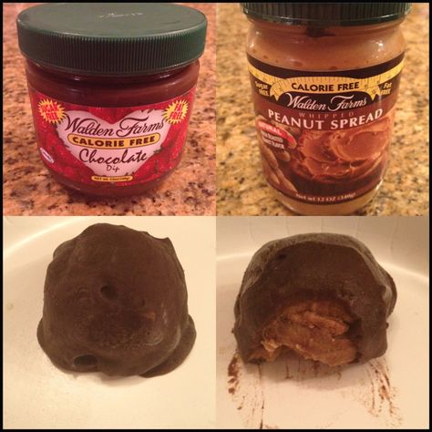 Healthy Peanut Butter Chocolate Balls! (HCG Friendly) No calories, fat, carbs, gluten, or sugars of any kind! Buy Walden Farms Peanut Spread and Walden Farms Chocolate Dip at your local health food store! Prepare: freeze a tablespoon of peanut spread and then cover it in the chocolate dip and freeze again, let it thaw a little and enjoy! :) Walden Farms Recipes, Peanut Butter Chocolate Balls, Protein Diet Recipes, Protein Dessert, Ideal Protein Diet, Chocolate Dip, Ideal Protein Recipes, Walden Farms, Hcg Recipes