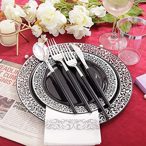 Ships within 24 Hours or Less! Buy This Product Form Our Website For Your Amazing Party! LIYH 350pcs Halloween Tableware and Decorations,Silver Lace Plates,Silver Plastic Silverware,Black and Silver Dinnerware Sets,Disposable Cutlery,Disposable Cups,Napkins,Fit for Wedding,Halloween Shop at... All Black Party, Plastic Dinnerware Sets, Black Flatware, Disposable Cutlery, Plastic Silverware, Wedding Halloween, Plastic Dinnerware, Halloween Tableware, Entertaining Decor