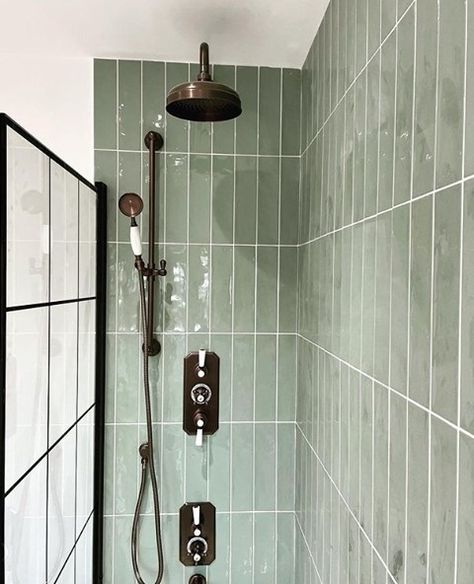 Sage Tile Shower Ideas, Sage Green Tiled Bathrooms, Bathroom Sage Tiles, Equipe Tribeca Sage Green, Olive Green Shower Tile, Sage Tiles Bathroom, Sage Green Bathroom Black Fixtures, Bathroom Oil Rubbed Bronze Fixtures, Sage Shower Tile