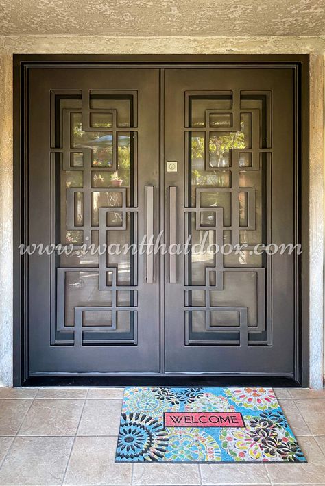 Iron Glass Doors, Black Iron Front Door Double, Double Front Entry Doors Modern Wrought Iron, Double Door Entrance Iron, Double Entry Doors Iron, Iron Double Door, Entry Doors With Glass, Iron Entry Doors, Iron Door Design