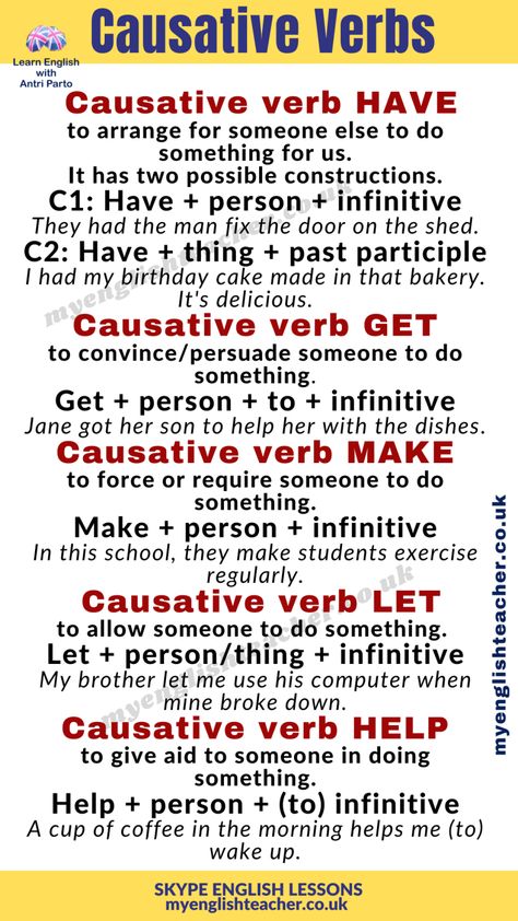 Causative verbs: Let - Make - Have - Get - Help - My Lingua Academy Causative Verbs, Advanced Grammar, English Grammar Rules, English Teaching Materials, Better English, Idioms And Phrases, Vocabulary Lessons, Verb Worksheets, Action Verbs