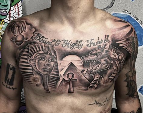 Spiritual Chest Tattoos For Men, Rare Chest Tattoos Men, Egyptian Tattoo Chest For Men, Tattoo Ideas For Men Egyptian, Egyptian Chest Tattoo Men, Tattoo Designs Men Chest, Egyptian Tattoo Designs Men, Chest Tattoo Men Ideas Black Man, Hood Tattoos