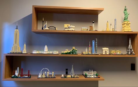 Lego Interior Design Home Decor, Lego Architecture Display, Lego Display Shelves, Lego Set Display, Architecture Display, Lego Interior Design, Lego City Display, Lego Displays, Lego Aesthetic