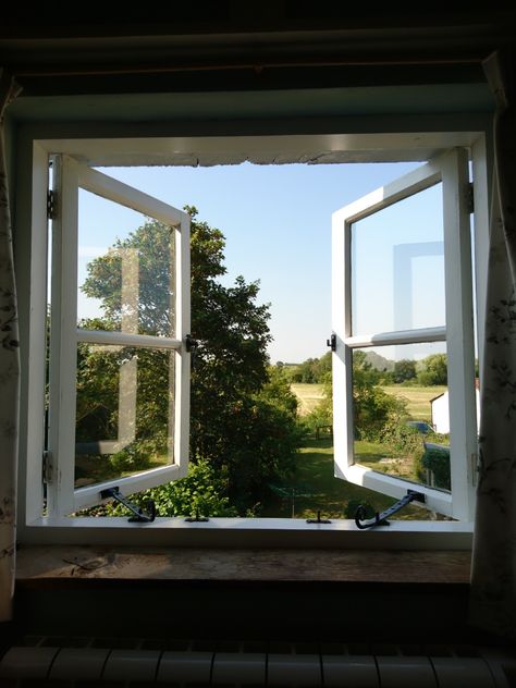 Aesthetic windows, view, country, glass, wood, morning, golden hour, blue, green, white, home decour, house, old-fashioned Old Fashioned Windows, Window House Aesthetic, Open Window Aesthetic, Window View Nature, Farm Windows, White Kitchen Windows, Denmark House, Windows View, Window House