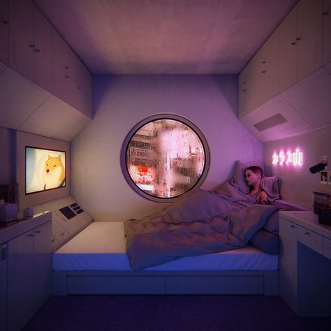 Coruscant Apartment, Futuristic Closet, Spaceship Bedroom, Sci Fi Apartment, Sci Fi Interior Design, Sci Fi Bedroom, Sci Fi House, Cyberpunk Bedroom, Futuristic Apartment