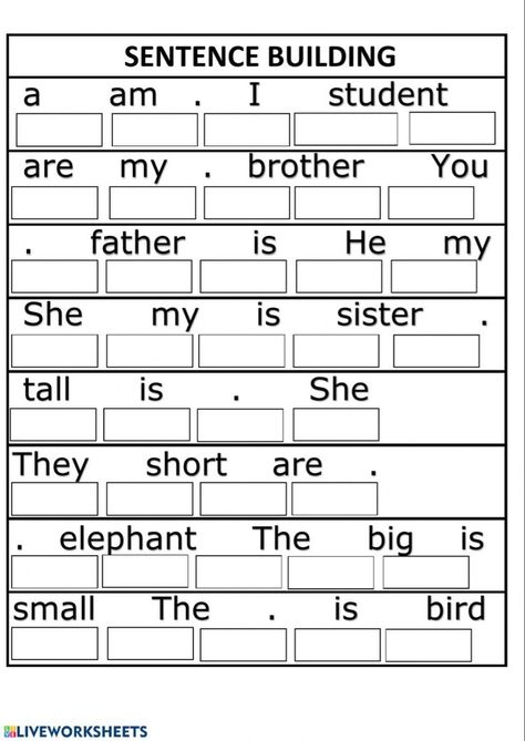 Verb to be interactive and downloadable worksheet. You can do the exercises online or download … | English lessons for kids, Learn english, English vocabulary words Building Words Worksheet, Verbs Activities For Kindergarten, Sentence Building Worksheets For Grade 2, To Be Verbs Worksheet, Build A Sentence Worksheet, Building Sentences Worksheets, There Is There Are, Verb To Be Worksheets, To Be Worksheet