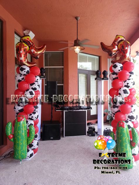 Western theme, Cowboy Boots Balloon columns - Cactus, cow print balloons. Extreme Decorations Miami, FL 786-663-8198 Western Pinata Cowboy Theme, Western Balloon Decorations, Cowboy Balloons, Rodeo Balloons, Cow Print Balloons, Toy Story Party Decorations, Cowboy Theme Party, Deco Ballon, Wild West Party