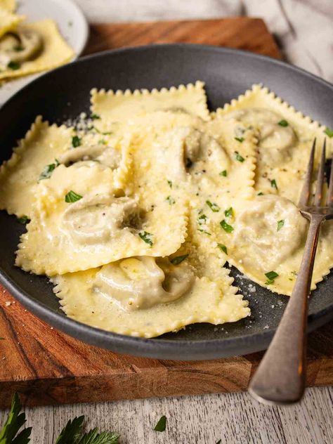 Mushroom Filling For Ravioli, Twilight Mushroom Ravioli, Homemade Sausage Ravioli, Ravioli Aesthetic, Meat Ravioli Recipe, White Ravioli, Homemade Mushroom Ravioli, Homemade Ravioli Filling, Sausage Ravioli