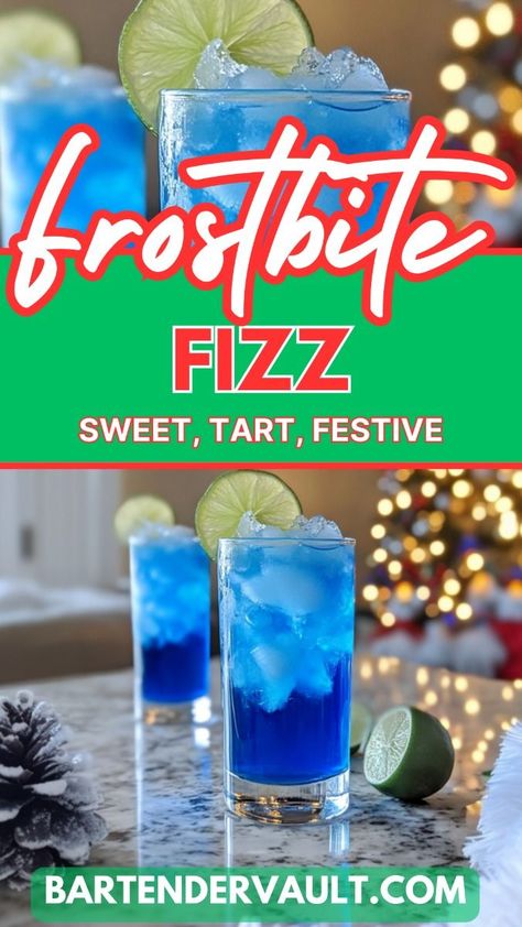 51 Christmas Cocktail Recipes for a Festive 2024 Holiday 46 Vodka Frostbite Fizz, Christmas Cocktails Vodka Blue Curacao, Fizz Drinks Recipes, Blue Cocktail Drinks Recipes, Blue Holiday Cocktails, Fun Cocktails With Vodka, Vodka Blue Curacao Drinks, Blue Winter Cocktails, Clear Cocktail Recipes