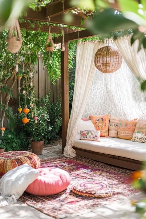 "Create a vibrant and relaxing retreat with a Bohemian Outdoor Patio! 🌿🪑 Perfect for adding eclectic style, cozy seating, and lush greenery to your outdoor space. 🌟✨ #BohoPatio #OutdoorDecor #BohemianStyle" Backyard Ideas Boho, Eclectic Patio Ideas, Patio Yoga Space, Outdoor Chill Area, Backyard Yoga Space, Backyard Meditation Space, Yoga Space Ideas, Bohemian Outdoor Spaces, Outdoor Meditation Space