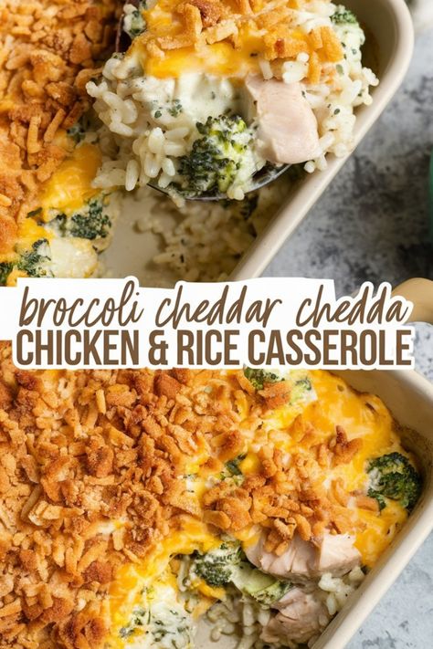 Broccoli cheddar chicken and rice casserole topped with crispy onions. Broccoli Chicken Rice Casserole, Broccoli Chicken Rice, Rotisserie Recipes, Chicken Rice Casserole Recipes, Amazing Dinners, Chicken Rice Bake, Flavorful Rice, Broccoli Cheddar Chicken, Chicken Broccoli Rice Casserole