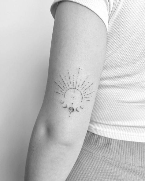 Sun, moon and stars tattooed on the wrist, minimalistic Mrs Tattoo, Sun And Moon Phases, Sun And Moon Tattoos, Moon Sun Tattoo, Moon Phases Tattoo, Small Chest Tattoos, Single Needle Tattoo, Moon Tattoos, Chest Tattoos