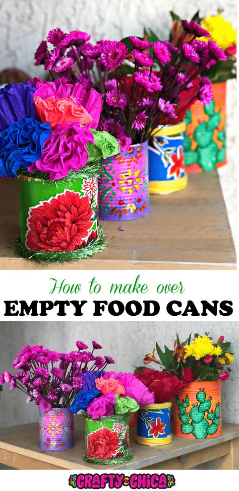 Painted tin cans by Crafty Chica. #ad @Kroger Paint Can Centerpiece, Paint Can Decorations, Spam Can Crafts Diy, Paint Tin Cans Diy Craft Ideas, Mexican Crafts For Adults, Painting Tins Cans, Latin Decor, Painted Cans, Spray Paint Crafts