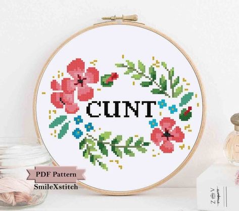 Rude Cross Stitch, Wreath Template, Subversive Cross Stitch Patterns, Funny Cross Stitch, Funny Wall Decor, Floral Cross Stitch Pattern, Easy Cross Stitch Patterns, Funny Cross Stitch Patterns, Subversive Cross Stitch