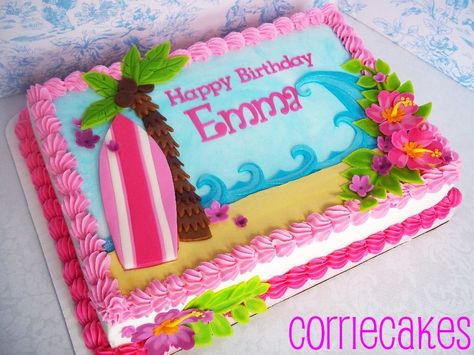 Hawaiian/surfboard - by Corrie @ CakesDecor.com - cake decorating website Surfboard Cake, Hawaii Surfboard, Hawaiian Birthday Cakes, Hawaiian Surfboard, Surf Cake, Pastel Rectangular, Hawaiian Cake, Beach Themed Cakes, Birthday Sheet Cakes