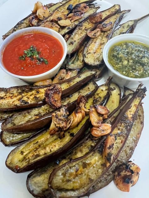 Roasted Baby Eggplant with Crispy Garlic and Herbs - Mangia with Michele Baby Eggplant Recipes, Make Ahead Side Dishes, Baby Eggplant, Crispy Garlic, Side Dishes For Bbq, Roast Eggplant, Roasted Vegetable, Marinade Recipes, Eggplant Recipes