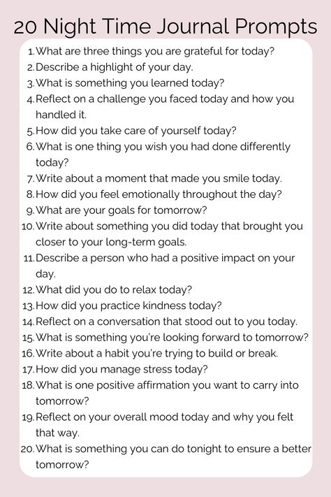 By writing down your thoughts, feelings, and experiences, you can gain clarity, reduce stress, and track your progress over time. Bedtime journaling, in particular, offers unique benefits. As you unwind from the day, reflecting on your experiences and emotions can help you process your thoughts, improve your sleep, and set intentions for the next day. This nightly ritual can enhance your mental well-being and provide a sense of closure before you drift off to sleep. Bedtime Journaling, Set Intentions, Organizing Paperwork, Journaling Prompts, Health Journal, Bed Time, Mental Wellness, Journal Prompts, To Sleep