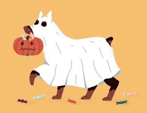 Doberman ghost Halloween cartoon dog puppy pinscher Halloween Dog Illustration, Halloween Dog Art, Halloween Dog Drawing, Trick Or Treat Drawing, Trick Or Treat Illustration, Trick Or Treat Cartoon, Trick Or Treat Art, Halloween Mural, Halloween Pets