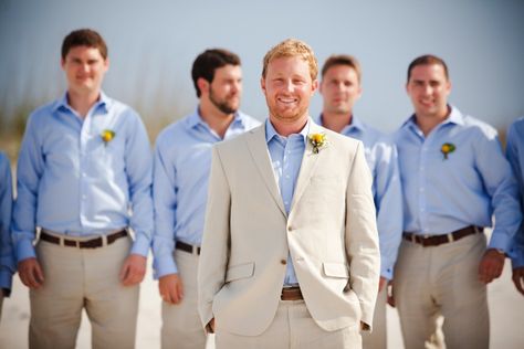 Groomsmen, khaki linen suit with blue shirt, Men's Warehouse Khaki Wedding Groomsmen, Khaki Groom, Khaki Groomsmen, Khaki Wedding, Beach Wedding Navy, Aqua Bridesmaid Dresses, Beach Wedding Men, Wedding December, Groomsmen Dress