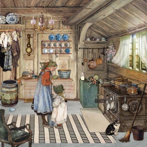 (28) The Kitchen - Inspiration from Carl Larsson's 'The Kitchen' | Just Art Community Carl Larson Paintings, Carl Larson House, Carl Larsson Paintings, Carl Larsson Interior, Om Illustration, Lore Pemberton, Karl Larsson, Karin Larsson, Scandinavian Paintings