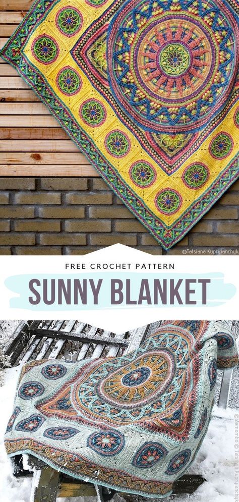 Mind-Blowing Blankets Free Crochet Patterns - Free Crochet Patterns Sunny Project, Crochet Borders For Blankets, Mandala Blanket, Sunburst Granny Square, Crochet Throw Pattern, Advanced Crochet, Crochet Geek, Manta Crochet, Crochet Patterns Free Blanket