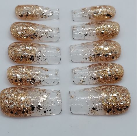 Handmade Gel Press On Nails Medium Length Square Comes From Smoke And Pet Free Environment Screen Colors Vary Handmade So Can Still Have Slight Imperfections The Measuring Guide Can Be Used As A Reference For Understanding Fit. Not Responsible If Wrong Size Is Ordered. Chunky Gold Glitter Nails, Gold Ombre Nails Glitter, Gold Bridal Nails, Ombre Glitter Nails Acrylic, Gold Gradient Nails, Gold Wedding Nails, Gold Ombre Nails, Glitter Gold Nails, Nye Nails