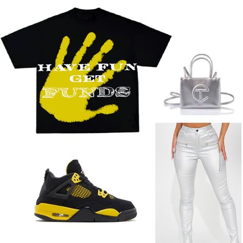 Black And Yellow Outfit Baddie, Black Yellow 4s Outfit, Outfits For Off White 4s, Outfits For Thunder 4s, Outfit Ideas With Jordan 4s, Black And Yellow Thunder 4s Outfit, Thunder 4s Jordans Outfit Yellow, Yellow Jordan 4 Outfit Women, Yellow Thunder Outfit