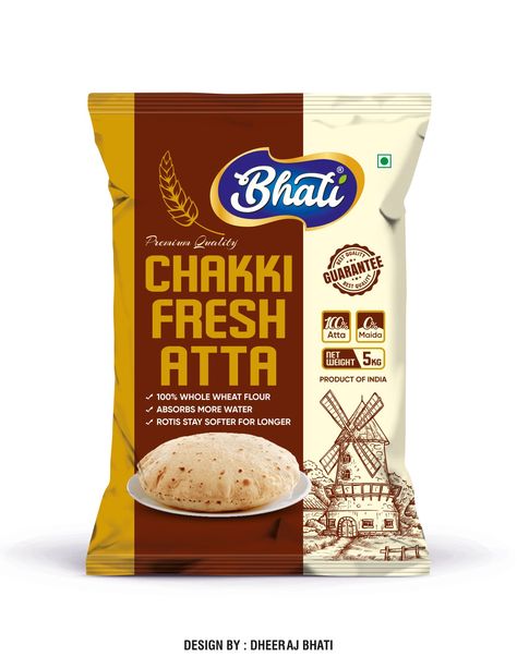 DHEERAJ BHATI _ CHAKKI FRESH ATTA POUCH PACKAGING DESIGN Atta Packing Design, Spice Packaging Design Ideas, Pouch Packaging Design, Ragi Dosa, Packet Design, Biscuits Cookies, Pani Puri, Barley Flour, Food Branding