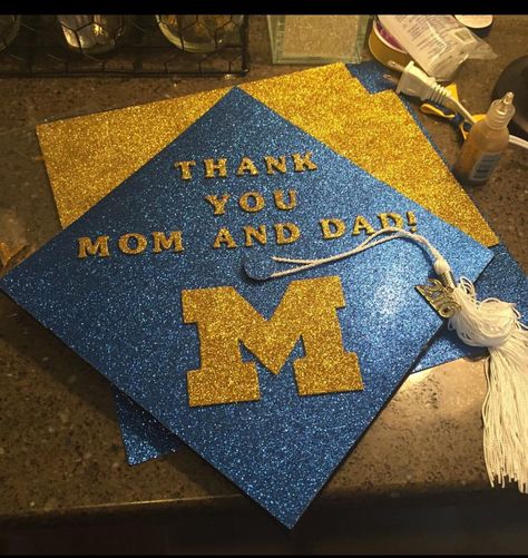 My daughters cap for her 2016 Michigan graduation 〽️ #forevergoblue #mgograd Umich Grad Cap, College Pic, Cap Inspiration, Graduation Goals, Michigan Go Blue, Graduation Cap Decoration Diy, Grad Cap Designs, Grad Caps, Cap Decoration