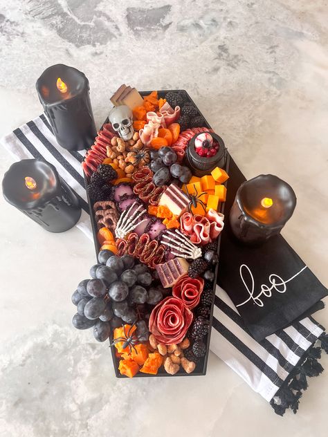 #halloween #spooky #sookycharcuterie #charcuterie #festivecharcuterie #cheeseboard #meatandcheese 40th Birthday Halloween Cake, Halloween Coffin Charcuterie Board, 30th Birthday Appetizers, Birthday Ideas 30 Women, Rip Miss Bachelorette, Rip Party Theme, Goth 30th Birthday, 30th Birthday Food Ideas, All Black 30th Birthday Party