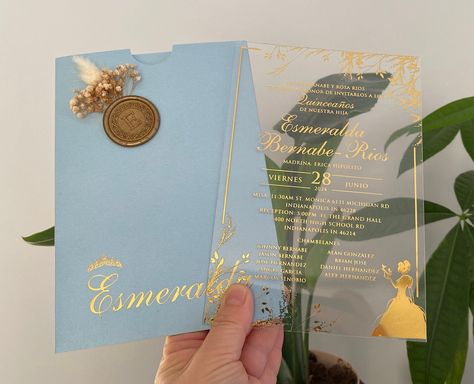 Princess invitation, Quince invitation, Mis quince años, Quinceañera, Acrylic birthday invitation, Powder blue envelope, Clear acrylic, Invitation Quince, Cinderella Invitations, Princess Invitation, Quince Invitations, Acrylic Invitation, Blue Envelope, Gold Foil Invitation, Princess Invitations, Grand Hall