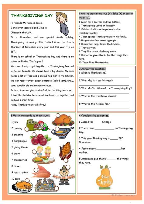 Thanksgiving Reading Comprehension, Thanksgiving Readings, Thanksgiving Lessons, Thanksgiving Worksheets, Esl Reading, English Exercises, Free Thanksgiving, Comprehension Worksheets, Thanksgiving Printables