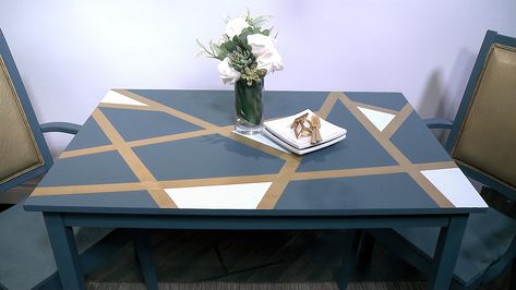 Geometric Table Top, Coffee Table Top Ideas, Striped Furniture, Diy Honeycomb, Chest Drawer, Dining Table Makeover, Blue Coffee Tables, Geometric Shapes Design, Geometric Table