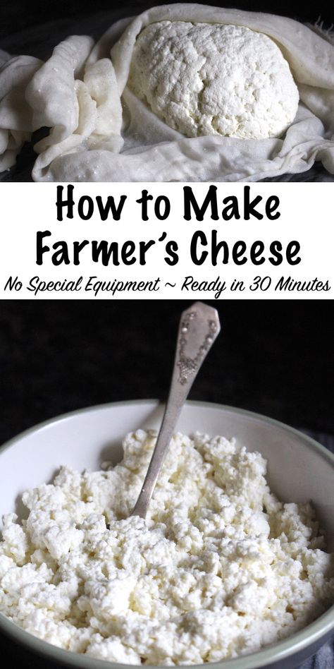 How to Make Farmer's Cheese ~ No special equipment and ready in under 30 minutes, homemade farmer's cheese is an easy beginning cheesemaking recipe. Farmers Cheese Recipes, Farmer’s Cheese, Cheese Recipes Homemade, Cheese Making Recipes, Goat Milk Recipes, Diy Cheese, Farmers Cheese, Cheese Making, Homemade Cheese