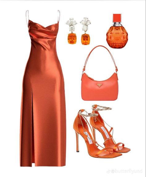 Orange Classy Outfits, Orange Dress Aesthetic, Orange Formal Dress, Orange Party Dress, Party Dress Aesthetic, Orange Party, Outfits Classy, Glam Outfit, Chique Outfits