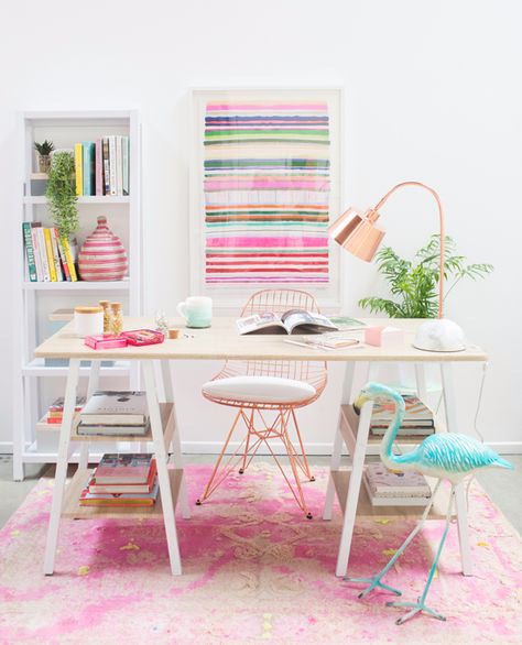 the best way to position your desk Pink Home Offices, Feminine Home Offices, Pink Office, Office Designs, Office Colors, Office Makeover, A Desk, Office Inspiration, File Cabinet