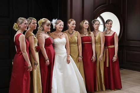 Mismatched bridesmaids - red and gold Red And Gold Bridesmaid Dresses, Gold Wedding Bridesmaid Dresses, Gold Wedding Bridesmaid, Bridesmaid Dress Color Schemes, Red And Gold Wedding, Bridesmaid Dresses 2018, Red Bridesmaid, Disney Wedding Theme, Gold Wedding Theme